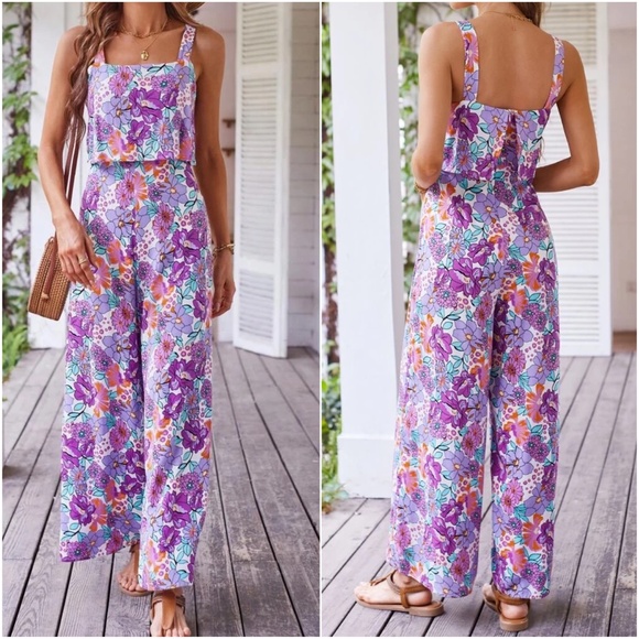 Pants - Boho Floral Print Wide Leg Jumper Jumpsuit